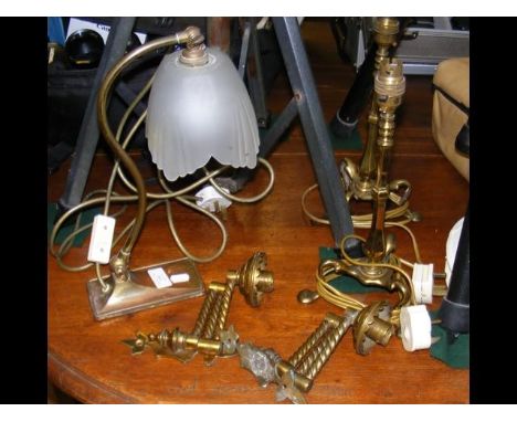 A vintage desk lamp, together with a pair of brass table lamps, etc. 