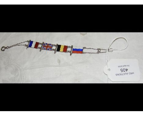 A silver bracelet with enamel flags of France, Belgium, Britain and Russia 