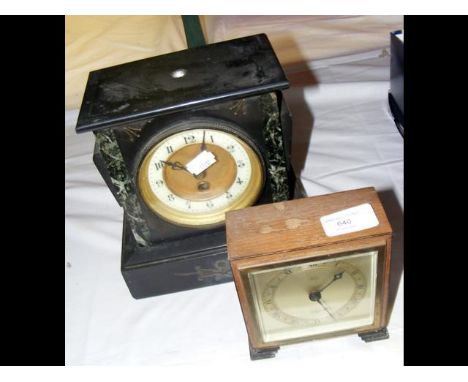 A Victorian slate and marble mantle clock, together with one other