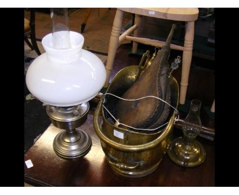 Old fire bellows, copper helmet, oil lamp etc