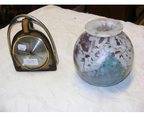 An Isle of Wight studio glass vase with box, together with a horseshoe barometer 