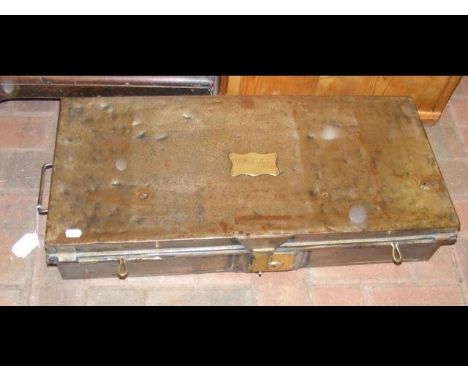 An unusual metal bound Royal Navy uniform travelling trunk with plaque to the top 