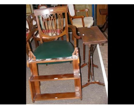 An antique chair, occasional table, together with a wall shelf