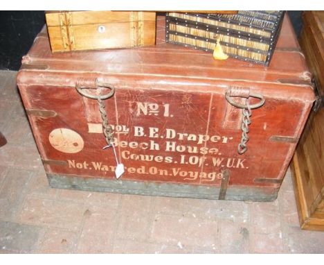 An interesting old leather trunk with writing to the side 'Colonel Draper, Beech House, Cowes' 