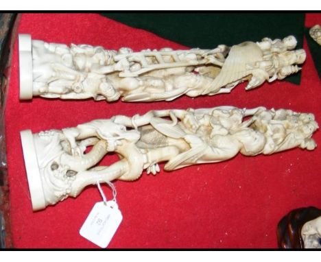 Two 34cm ornately carved ivory tusk groups CONDITION REPORTBy our judgement, the condition of the ivory figure featuring a la