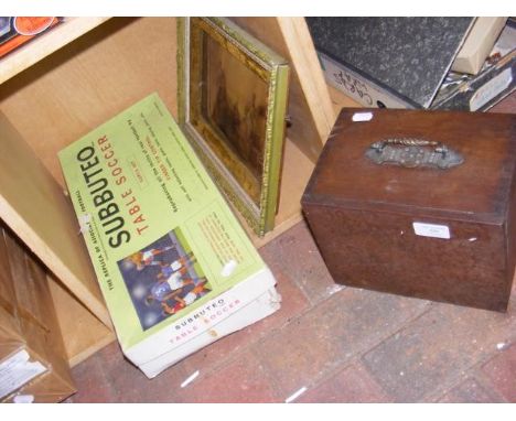 A boxed antique electro magnetic machine, together with a Subbuteo soccer game and framed print on glass