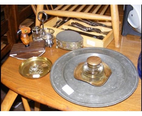 An antique pewter ware plate, inkwell, etc. 