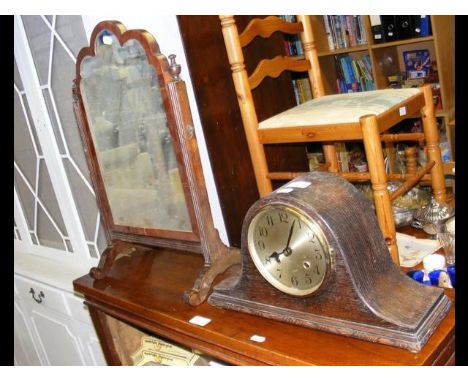 A Fontenoy mantle clock together with dark wood toilet mirror
