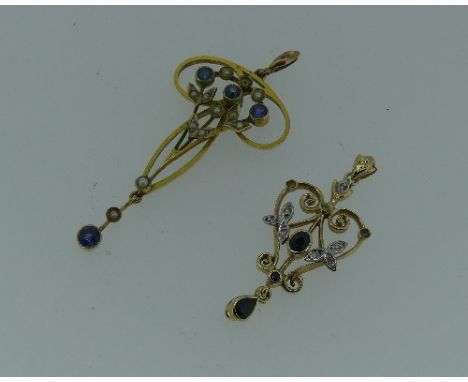 An Art Nouveau style Pendant, set with three small sapphires and seed pearls and with seed pearl and sapphire drop, the suspe