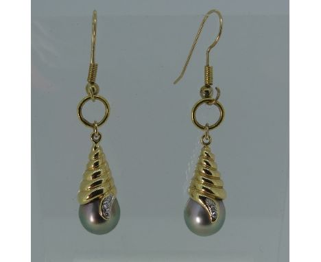 A pair of Tahitian cultured pearl Ear Drops, the pearl with cone twist finial, terminating in three diamond points, marked 14