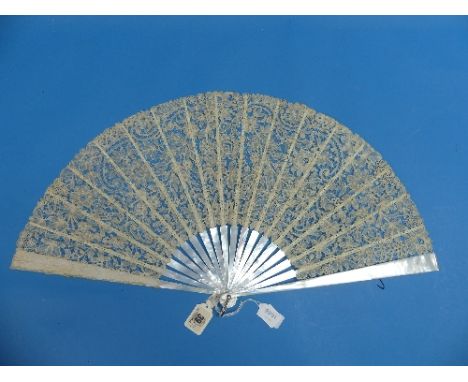 Three 19thC Brussels Lace Fans: the first with sixteen Mother-of-Pearl sticks and guard sticks, the cream lace with cream sil