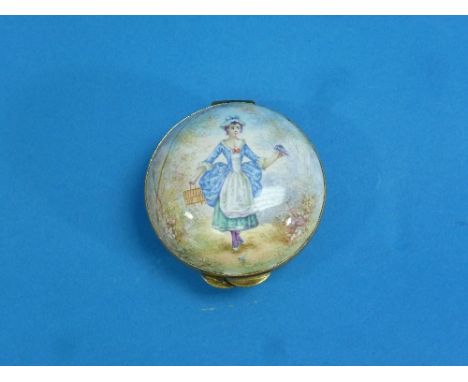 An early 20th French coloured enamel and gilt-metal pebble-shaped Box, with hinged cover, the whole decorated with a rural sc