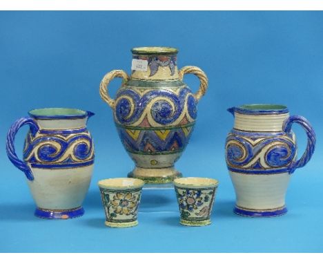 Honiton Pottery;  a pair of sgraffito jugs, together with a large two-handled urn and two small pots, all impressed 'Collard 