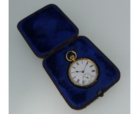 A pretty continental 18ct gold Pocket Watch, with white enamel dial, black Roman numerals and subsidiary seconds, ornate foli