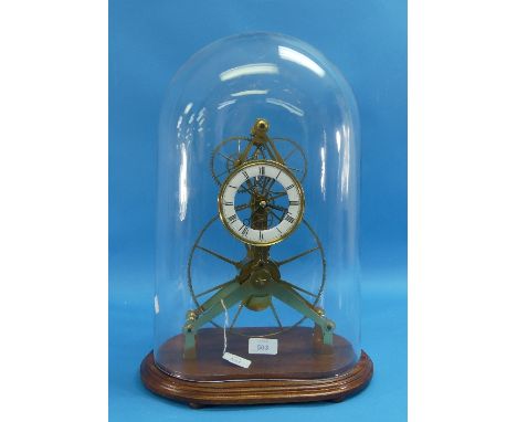 An American kit-made brass giant wheel skeleton timepiece, circa 1980's, with white enamel dial and Roman numerals, 14in (35.