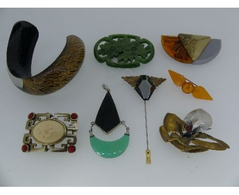 Vintage Costume Jewellery; including a silver mounted black and green plastic pendant, after Jakob Bengel, a hat pin, the rev