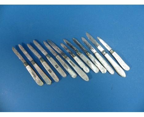 A collection of early 20thC silver Folding Fruit Knives, all with mother of pearl handles, some with inscriptions etc., (12)