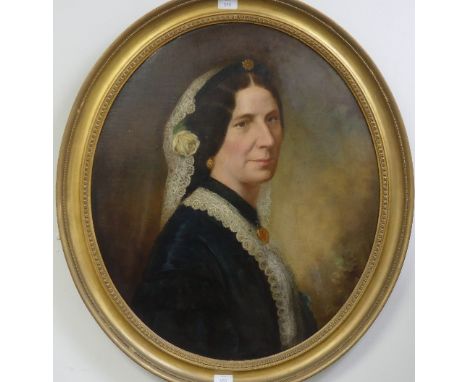 19thC Spanish / Portugese School, portrait of a lady in lace head-dress and collar, oval, oil on board, 27½in x 23½in (70cm x