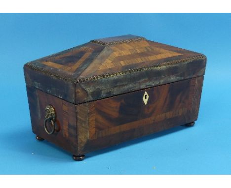 A William IV mahogany sarcophagus-shaped Tea Caddy, inlaid with rosewood cross-banding, the interior fitted with two canniste
