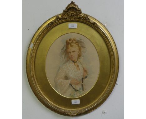 19thC School, Portrait of a young woman with parasol, watercolour, oval, 12in x 10in (30.5cm x 25.25cm), in oval giltwood fra