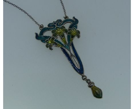 A sterling silver Art Nouveau style Pendant, with open swags of turquoise enamel, the centre of three lilies with yellow enam