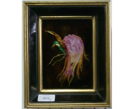 Camille Fauré, Limoges, a pair of enamel on copper paintings of exotic birds, signed "Fauré. Limoges. France", paper labels v