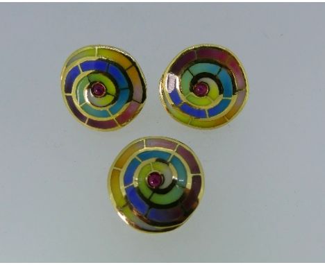 A pair of stylish circular 18ct yellow gold Earrings, formed of multicoloured enamels forming an ammonite swirl, with small r