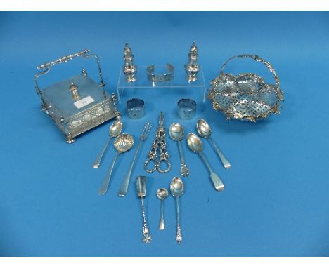 A small collection of Silver Items, including a pair of pepper shakers, hallmarked London, 1977/1978, a silver bangle, seven 