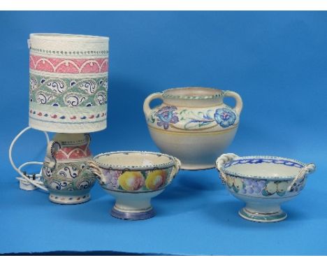 Honiton Pottery;  two footed fruit dishes, together with a large two-handled vase and a table lamp and shade(4)