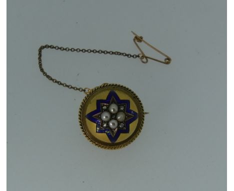 A late Victorian circular Brooch, with ropework border, the domed centre set with four cultured pearls and five small diamond