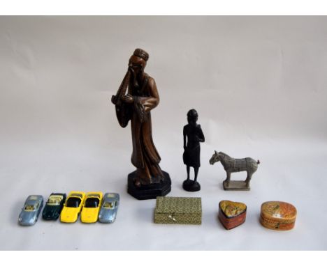 A mixed lot, to include a Chinese man playing flute, three trinket boxes and car models