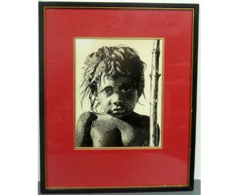 Australian interest: two prints, a young Aboriginal boy with a stick and an Aboriginal man laughing, framed and glazed, both 