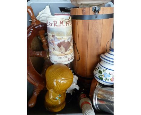 A mixed lot to include a vintage Palmers beer jug, a selection of pens and watches, ceramic figurines and others