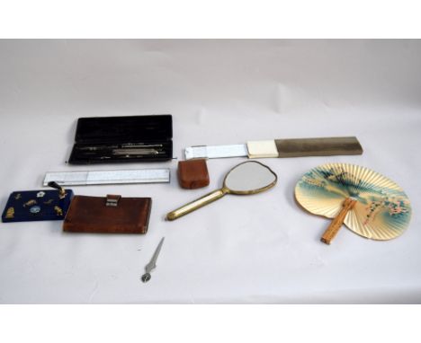 A selection of vintage items, to include a brown leather wallet, together with white metal hand mirror decorated with flowers