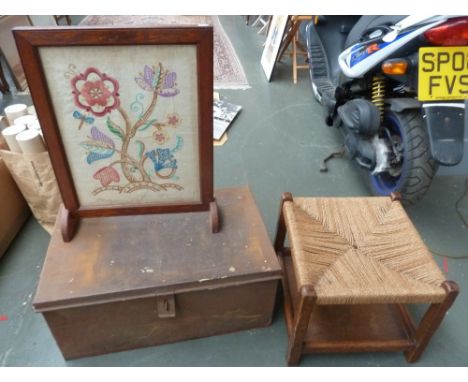 A fire guard with a floral motif together with a small stool and a metal trunk (3)