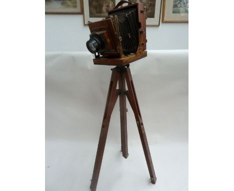 An early 20th century Thornton Pickard plate camera with a Ross of London 8 1/2 lens together with a wooden tripod and a leat