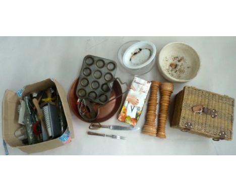 A quantity of kitchenalia including a cake mould, copper and brass jam pan with a pair of French contemporary salt and pepper