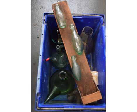 A sellection of glass, to include wood wall hanging with three green vintage bottles, together with two vintage green glass b