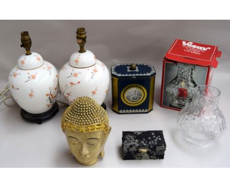 A mixed lot, to include two ceramic lamp bases, glass lampshade, two vintage boxes, together with Buddha head statue painted 