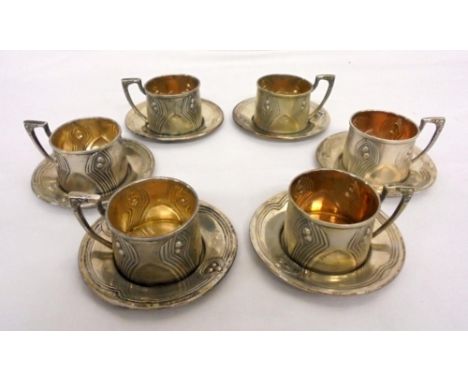 C19th Austrian Silver Cups & Saucers, makers mark KJ 3rd standard 