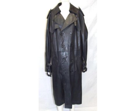 Mens Vintage Double Breasted Black Leather Trench Coat labelled Sandford Sheepskins of Sherbourne 