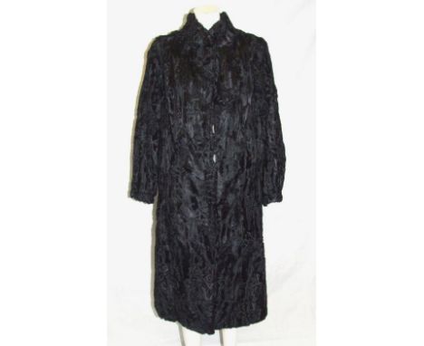 Ladies Vintage Black Astrakhan Coat with metal Keska clip fasteners & leather trimmed side pockets 
