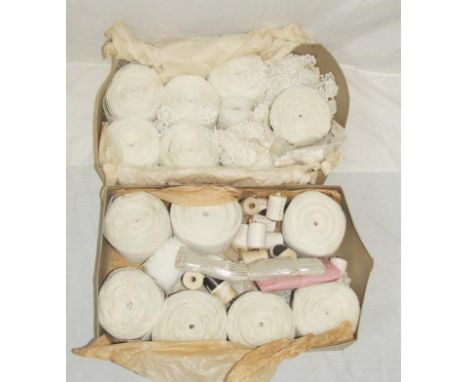 Rolls of Unused Vintage Bridal Lace, applique flowers, trimmings, cottons etc. (2 Boxes) 