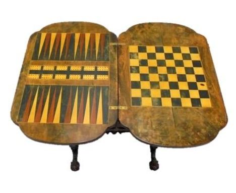 C19th Walnut Games & Worktable with marquetry inlay, boxwood strung, swivel top set with chess, crib & backgammon, frieze dra