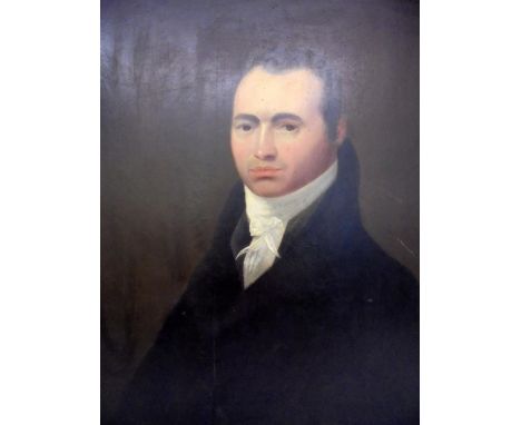 Early C19th Oil on Board Portrait marked to reverse 'Painted By James Mc Gibbon of Campsie Scotland', old exhibition No. 27/3
