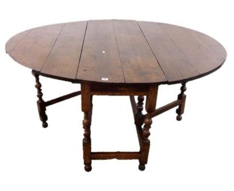 C18th Oak Gate Leg Table on turned supports with single frieze drawer, approx. 54" W x 60" L with flaps extended, 20" L with 