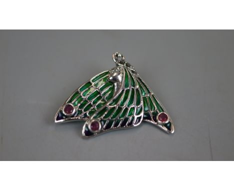 Silver enamel and ruby set brooch / pendant 
