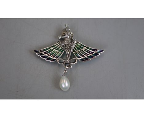 Silver enamel pearl drop pendant 