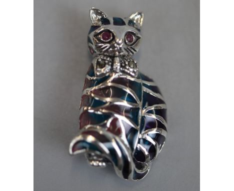 Silver enamel and ruby eyed cat brooch / pendant 