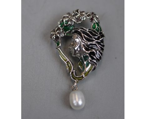 Silver enamel and pearl drop brooch 